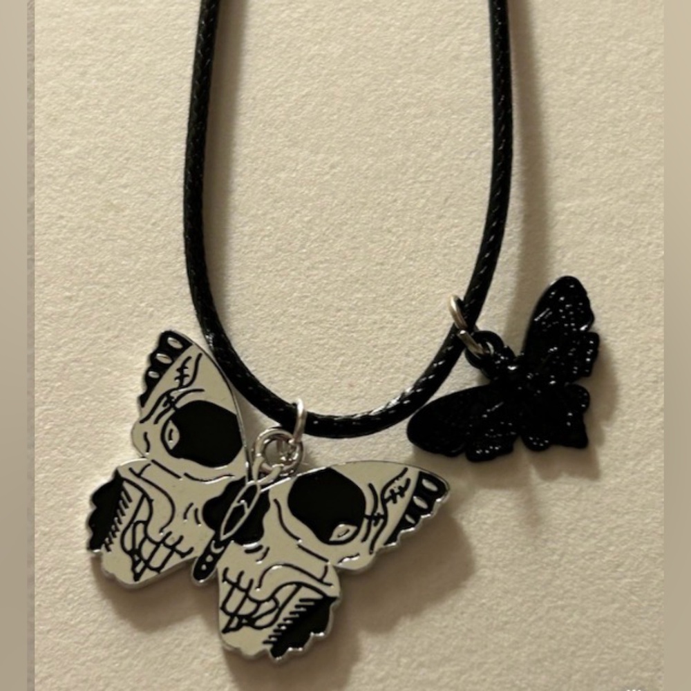 Add 1 free/bundle NWOT necklace w Moth skull 1” & black Moth .5” silvertone, 18”